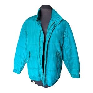 Vtg 90s Clio Turquoise 100% Silk Quilted Puffer Jacket Womens Size S Oversized